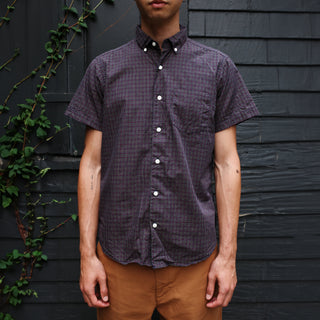 Short Sleeve Single Needle Shirt, Navy Micro Gingham