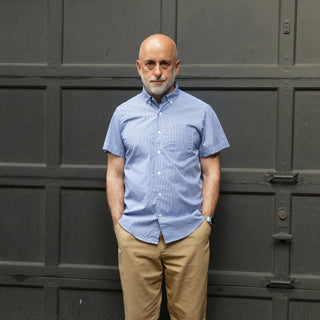 Short Sleeve Single Needle Shirt, Micro Gingham Blue