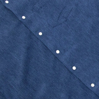 close up Flat lay front single needle shirt dark blue denim