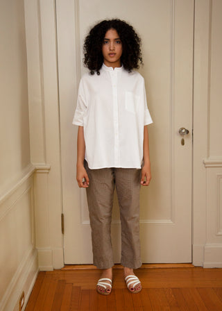 Steven Alan x Clare V Oversized Stand Collar Shirt, White Seersucker