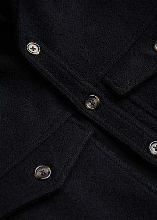 Front close up of buttons and fabric on the double pocket shirt jacket color black melton wool